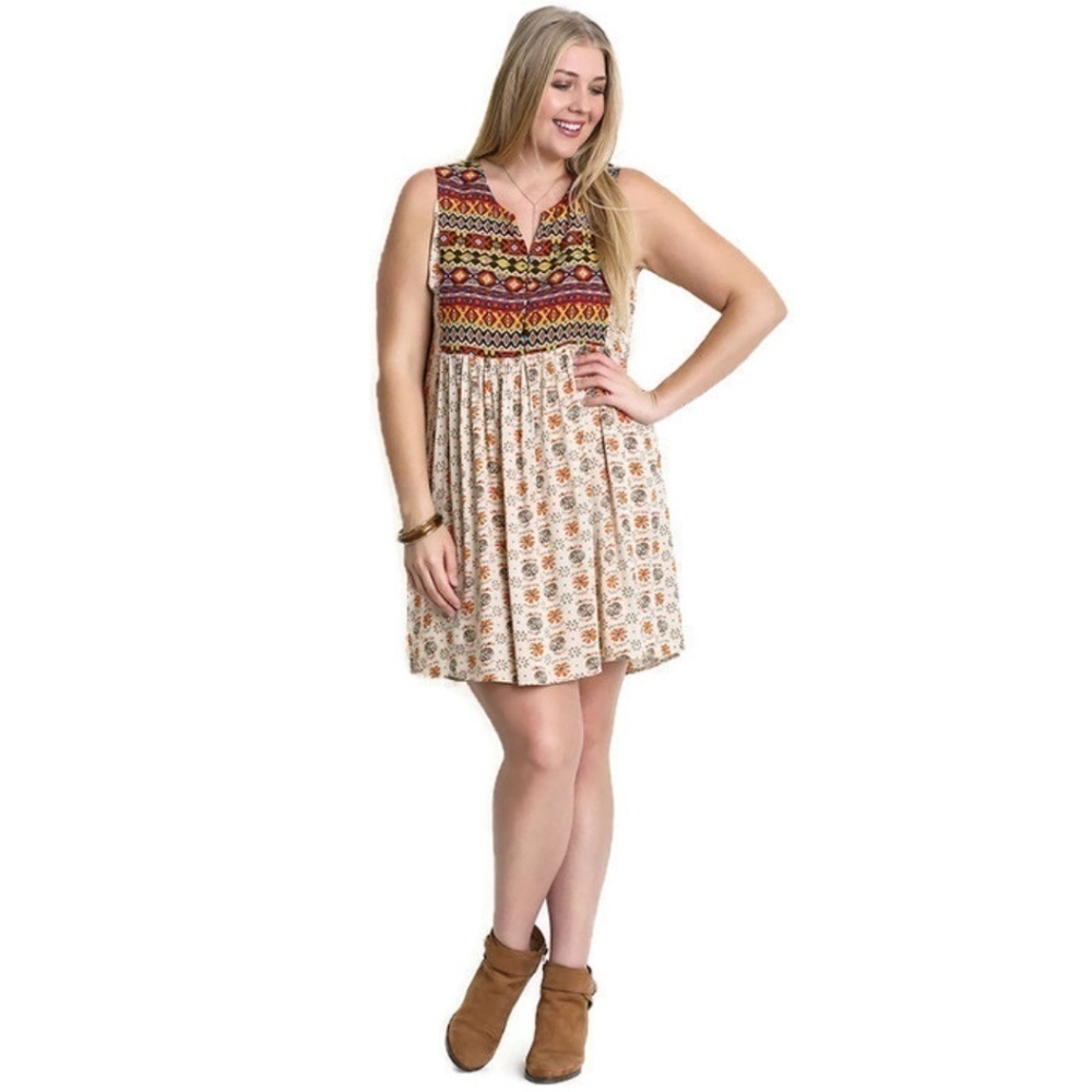 Taupe Mixed Sleeveless Printed Peasant Dress